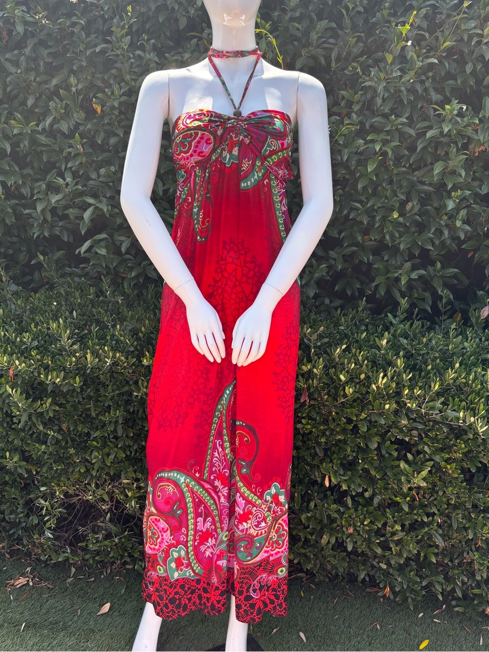 Red Paisley Strapless Maxi Dress